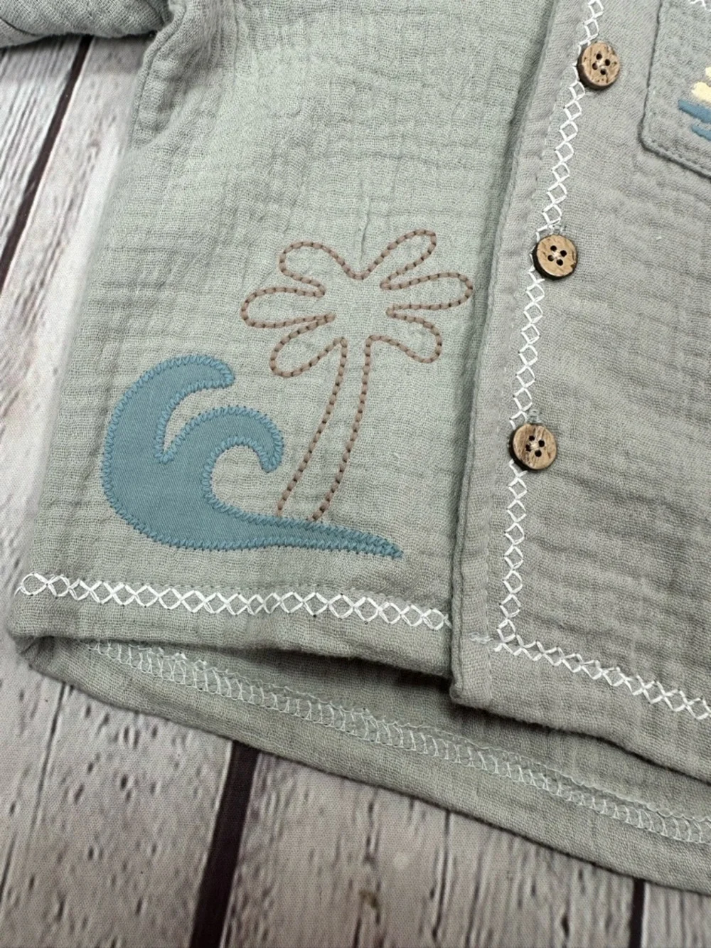 NWT rabbit + Bear 2pc short Set coastal beach Palm surf Wave Embroidery